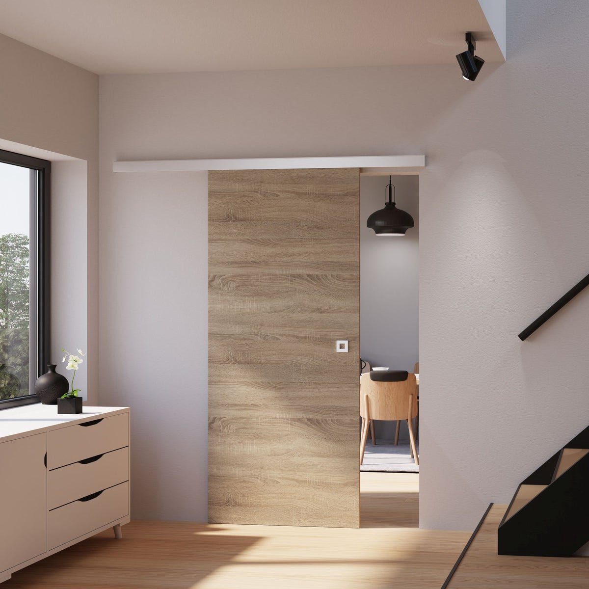 Schulte complete schuifdeur binnendeur hout - 88x203 cm - eiken decor - vierkant handvat alu