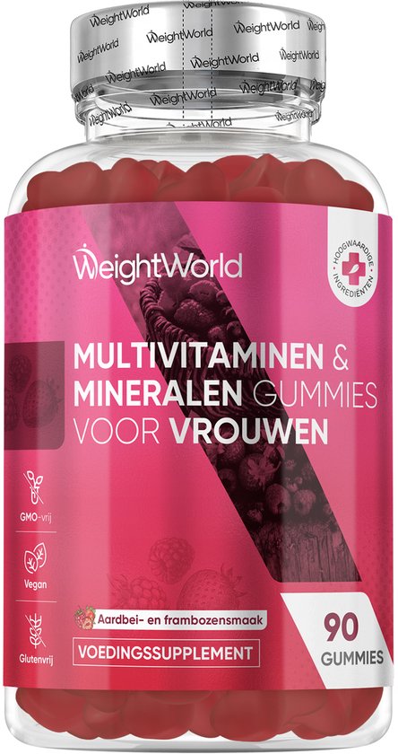 Fles WeightWorld Multivitaminen & Mineralen Gummies voor Vrouwen, 90 gummies, aardbei- en frambozensmaak.