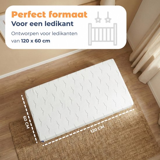 Wit matras met grijs zig-zag patroon, 120 x 60 cm, op bruine mat.