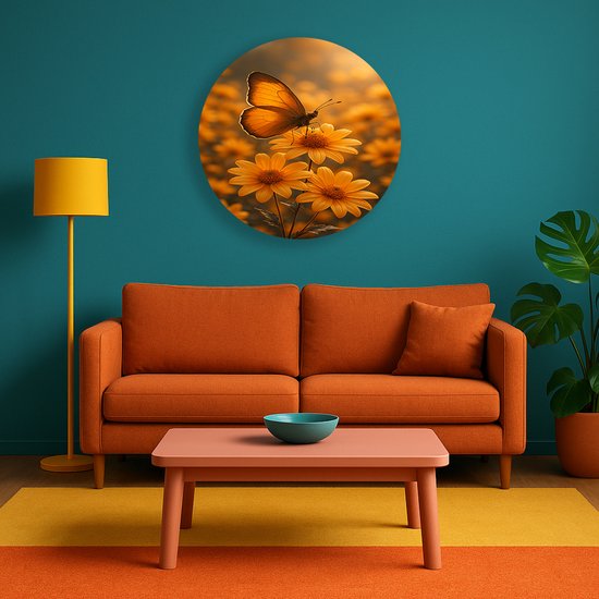 Een oranje vlinder zit op drie oranje margrieten met een zachte oranje achtergrond, opgehangen boven een oranje bank.