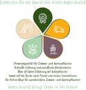 Bloemdiagram met iconen over de geschiedenis van Green boutiQ: kwaliteit, levering, ervaring, trends en innovatie, planten.