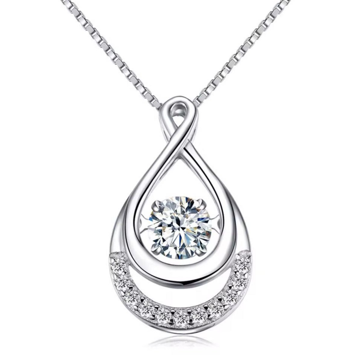Selevie Ketting wit goud - met 1.ct Moissanite rond - Waterdruppel / Infinity model bezet met extra moissanite