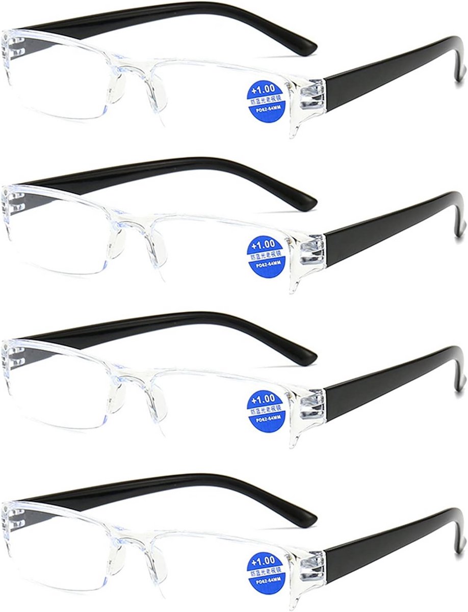 4-Pack Lichtgewicht Leesbril Met Blauwlichtfilter en Transparant Montuur