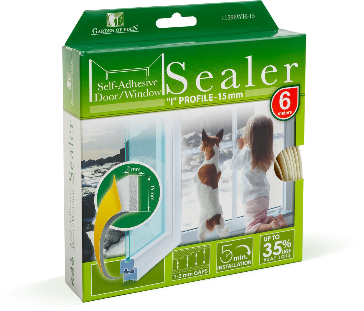 Zelfklevende Deur- En Raamafdichting Tochtstrip Op Rol – I-Profiel – Wit – 6 Meter (2 × 3 m) – Breedte 15 mm – Voor Kieren Van 1–2 mm – EPDM Rubber – Isolerend, Weer- En UV-Bestendig – Voor Deur En Raam [11596WH-15]