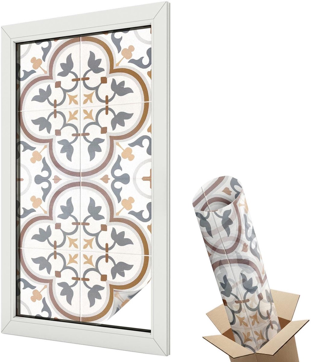 Wallfluent Glas in Lood Raamfolie - Tegelornamenten Raamfolie Glas in Lood - 50x100 cm - Wit Zelfklevende Raamfolie Glas in Lood - Melkglas Folie met Glas in Lood Effect - Voor de woonkamer, voor het kantoor, voor de hal