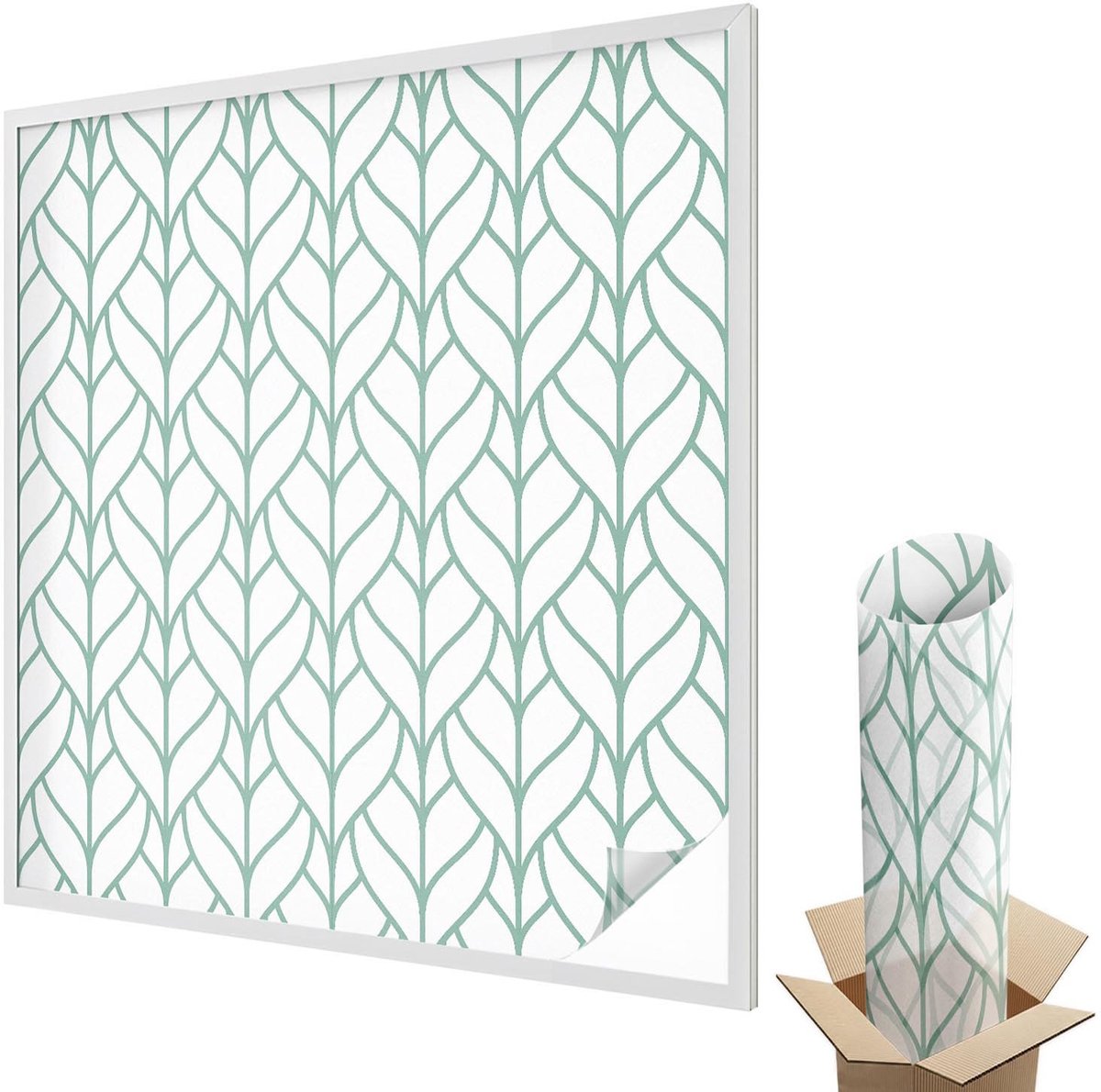 Wallfluent Glas in Lood Raamfolie - Plantsymmetrie Glas in Lood Folie - 100x100 cm - Wit Plakfolie Raam Glas in Lood - Decoratieve Plakfolie Glas in Lood - Voor de woonkamer, voor het kantoor, voor de hal - Glas in Lood Folie voor Raam