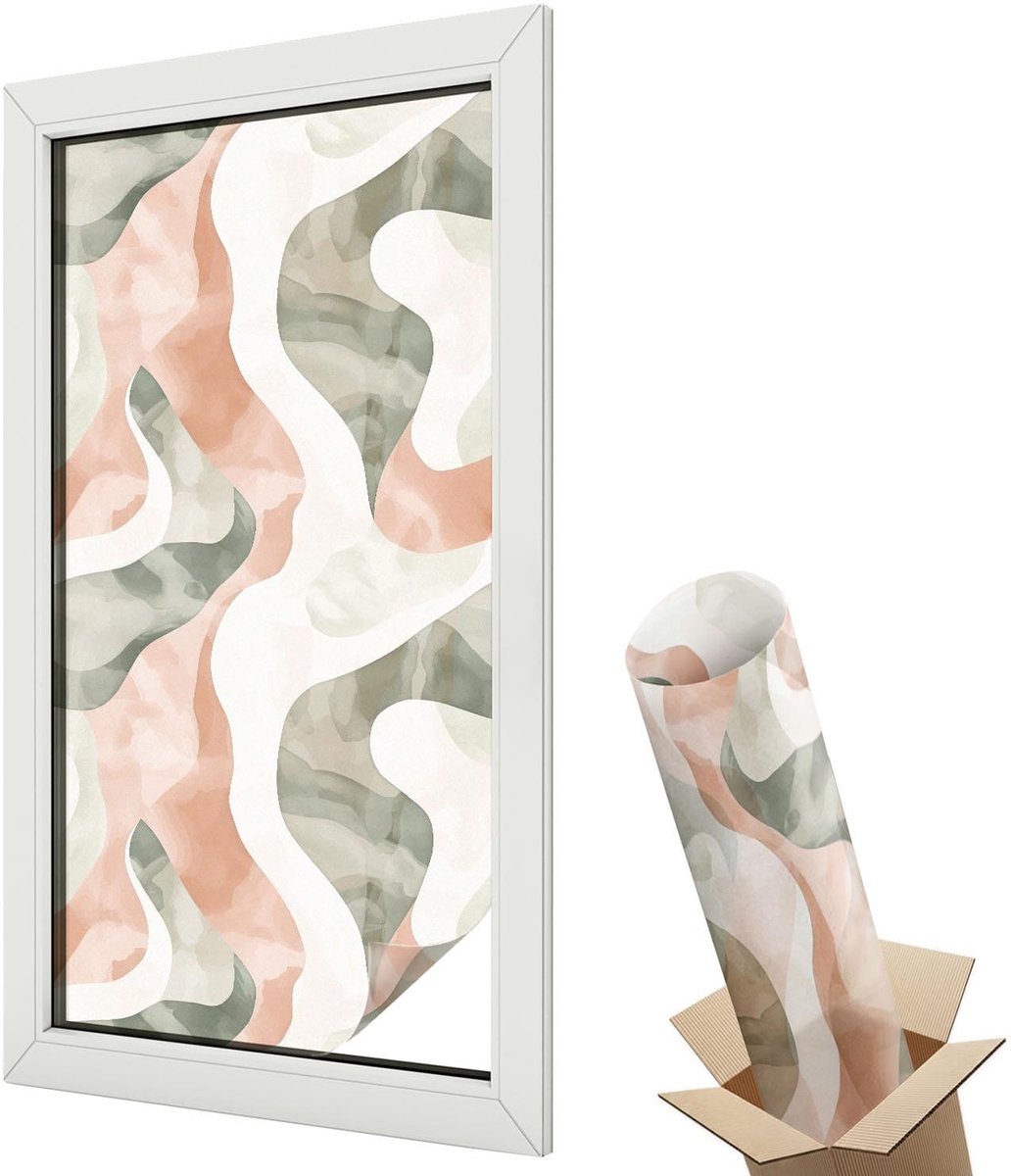 Wallfluent Glas in Lood Raamfolie - Kleurrijke golven Raamfolie Glas in Lood - 50x100 cm - Oranje Zelfklevende Raamfolie Glas in Lood - Melkglas Folie met Glas in Lood Effect - Voor de woonkamer, voor het kantoor, voor de hal