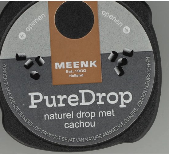 Zwarte deksel met tekst 'PureDrop naturel drop met cachou', 'Meenk Est. 1900 Holland'.