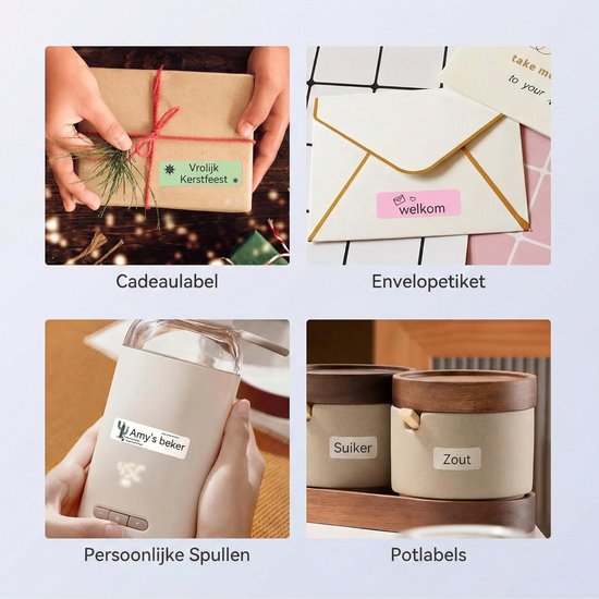 Vier afbeeldingen: Kerstcadeau met label, enveloppen met label, mok met gepersonaliseerd label, potten met labels.