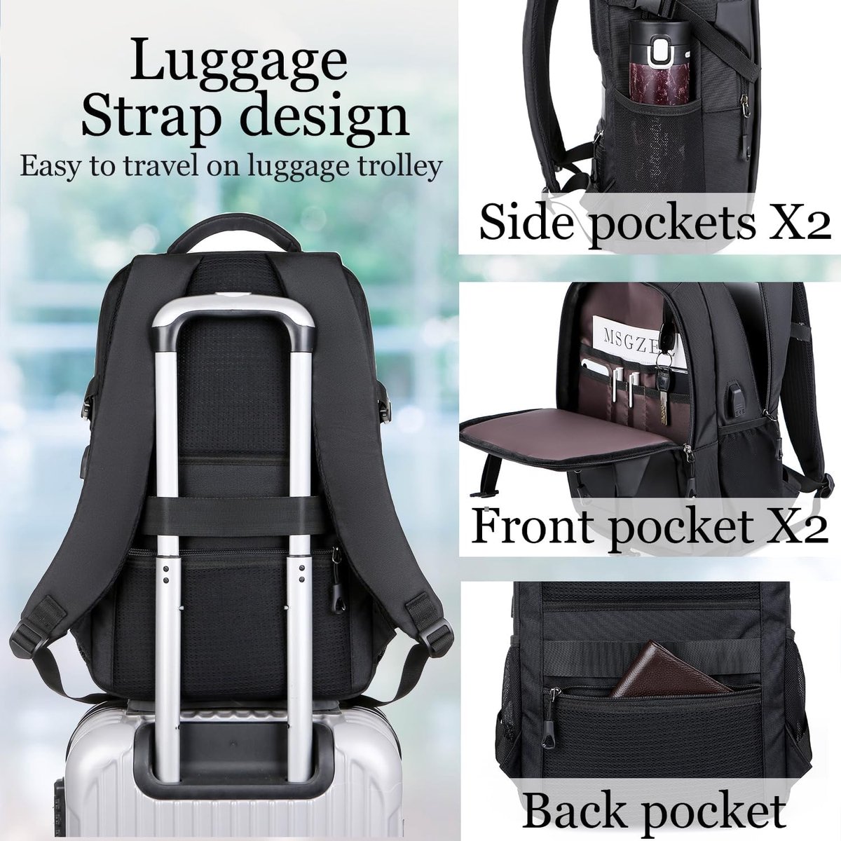 Laptop Rugzak - Reis tas - Dagelijks Gebruik - Geïntegreerde USB poort - 15 inch laptop - Zwart thumbnail 2