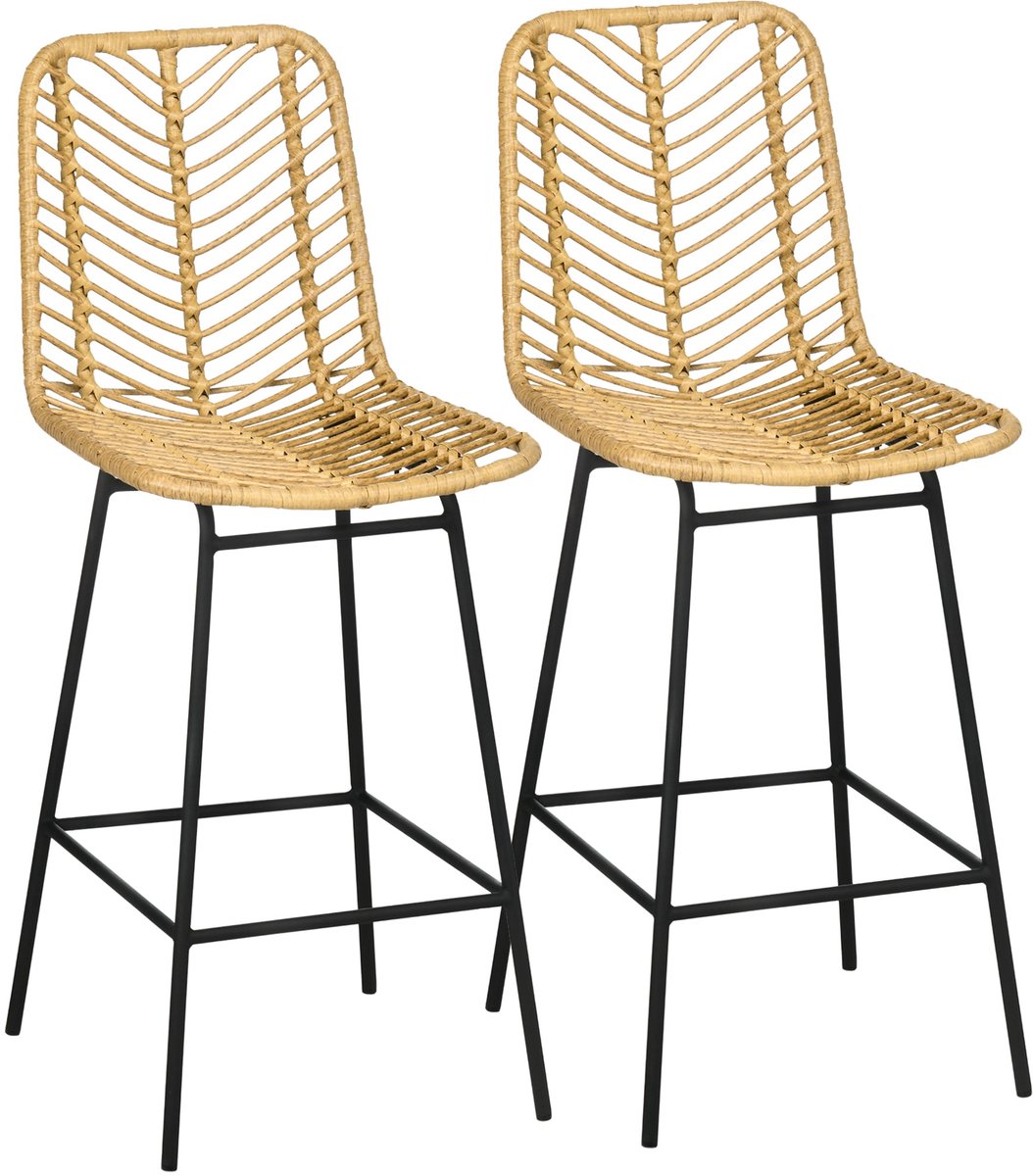Merax Set Van 2 Barkrukken Met Rugleuning En Voetsteun – Rotanuitvoering Met Zwart Stalen Frame – Keukentkrukken Voor Bartafel En Keukeneiland – Geel Met Zwart – 42,5 × 52 × 102 Cm – Draaggewicht 120 Kg