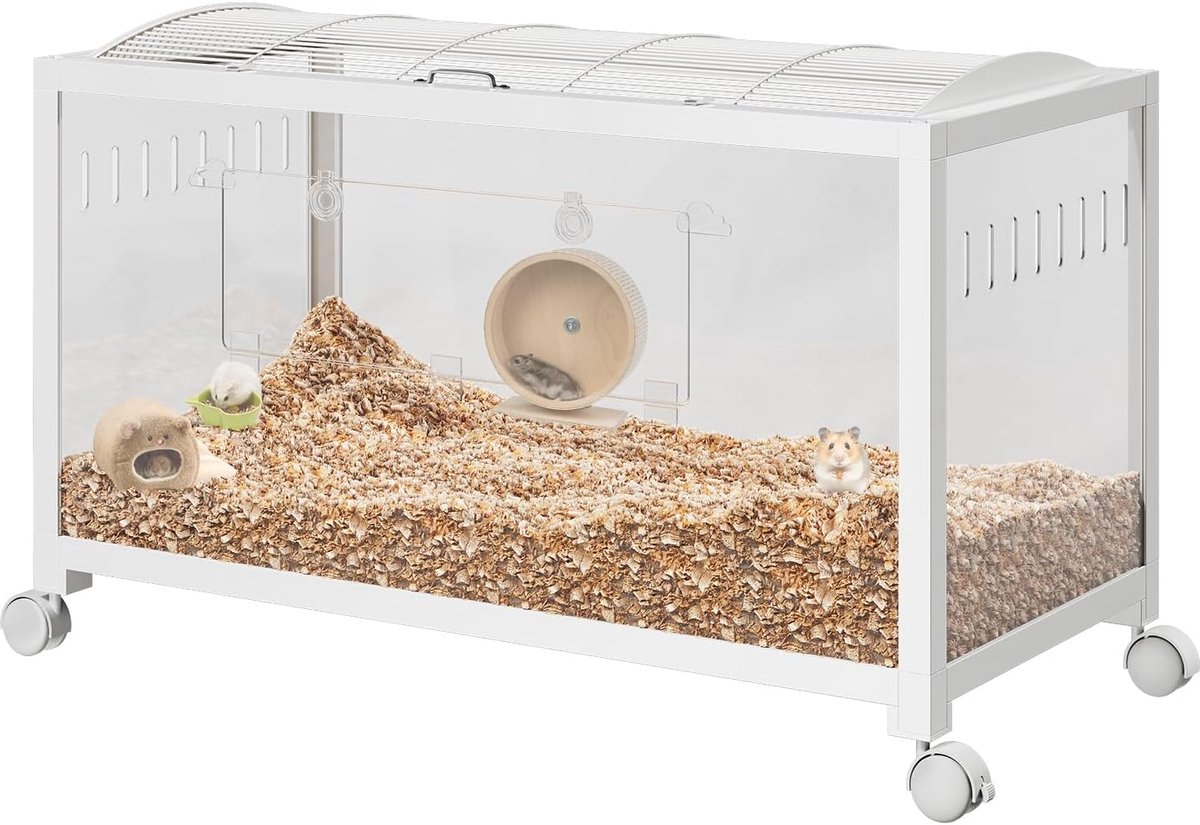 Ruime Hamsterkooi met Wielen - Stapelbare Kooi van Metaal & Acryl, Bovenaf Toegang, Goede Ventilatie, met Deur voor Muis, Hamster & Cavia