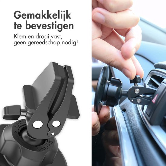 Zwarte telefoonhouder met klembevestiging voor autoventilatie, geen gereedschap nodig.