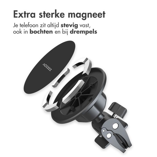 Zwarte magnetische telefoonhouder voor auto, met magnetische schijf en clip.