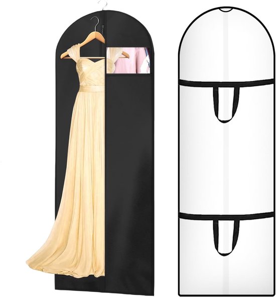 Zwarte kledinghoes met gele jurk en transparante hoes met kleding.