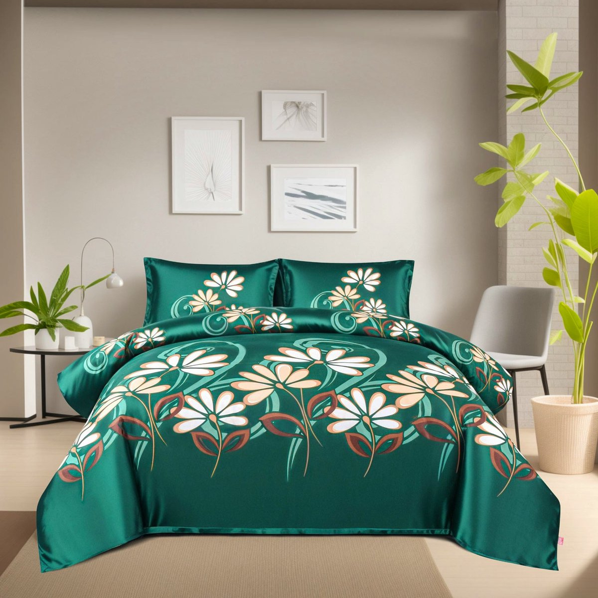 Dekbedovertrek groen met bloemen 140x200 - incl. 1 kussensloop
