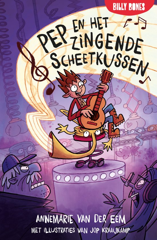 Boekcover Pep en het zingende scheetkussen met Pep die gitaar speelt op een zingend scheetkussen.