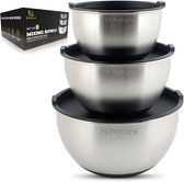 HI NATURE™ RVS Mengkommen set 3 met Luchtdichte Deksel - Rustvrije Staal Kommen set | Patisseriekommen - Mixkom - Beslagkommen - Mengschalen - Bakspullen - Slakom - Saladekom | Beslagkom set - AntiSlip Bodem - Vriezer & Vaatwasserbestendig