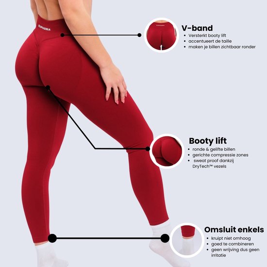 Gedetailleerde weergave van de rode sportlegging met "V-band", "Booty lift" en "Omsluit enkels".