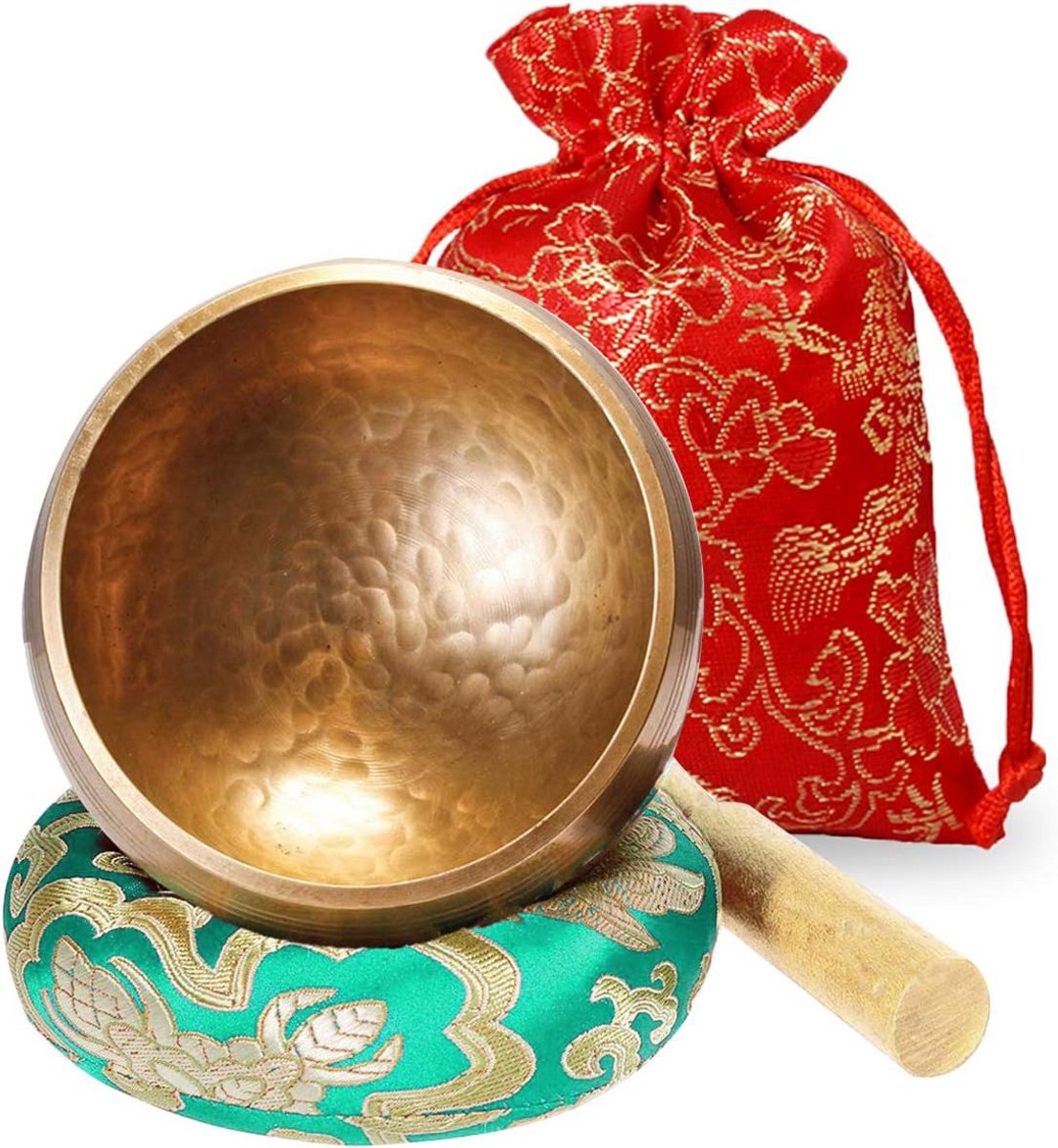 Kleine Klankschaal Set (8 cm) met Houten Klopper en Kussen voor Meditatie en Klanktherapie - Groen