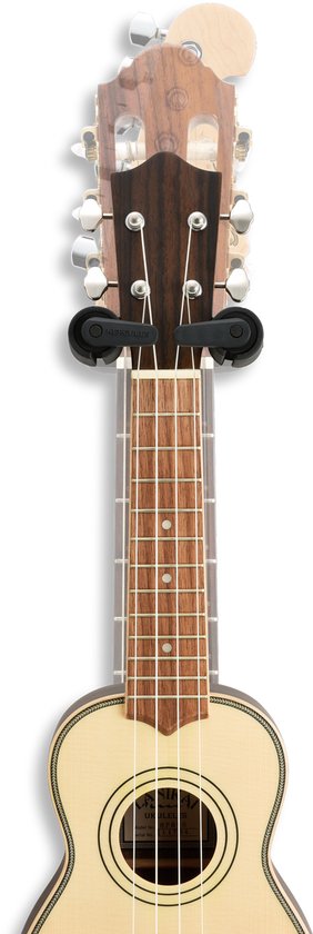 Kop van een lichtgekleurde ukulele met donkerhouten hals en witte stemmechanieken.