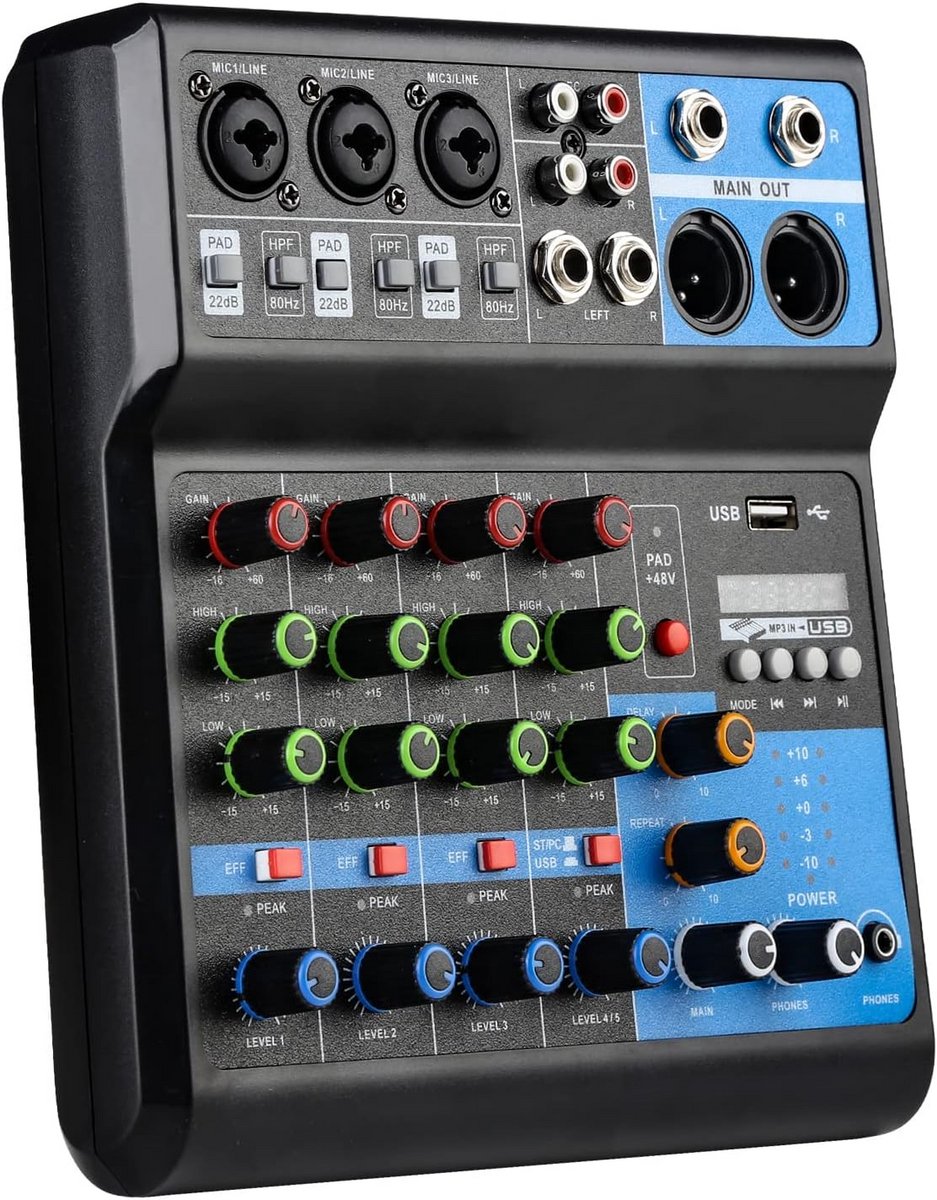 5 Kanaals Geluidskaart Mixer voor Live Opname, Podcast en DJ Gebruik met USB en Bluetooth