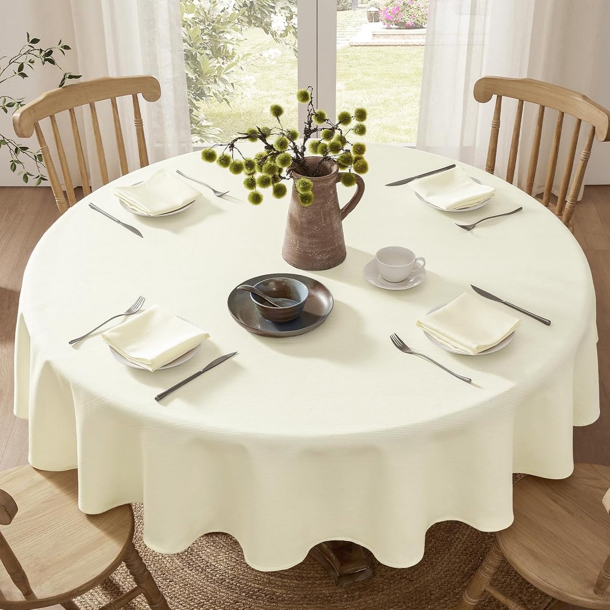 Ronde Tafelkleed Beige Linnenstructuur Waterafstotend Wasbaar