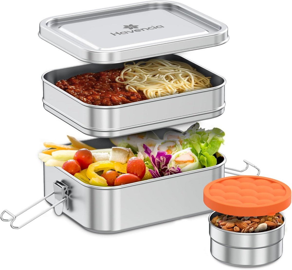 Lekkervrije 3-delige RVS Lunchtrommel met Snackcompartiment 1400 ml