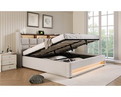 REDOM - Opbergbed met LED – 140x200 cm – Vintage Design – Met USB – Linnen/Katoen – Beige – Hydraulisch Liftsysteem