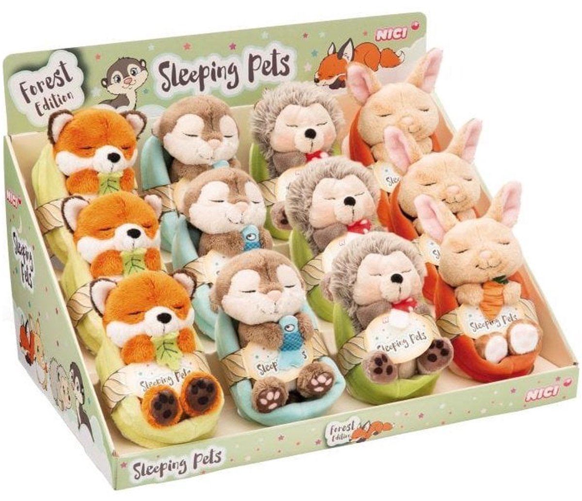 Nici knuffeldier Sleeping Pets pluche dieren met mandje 12 stuks.