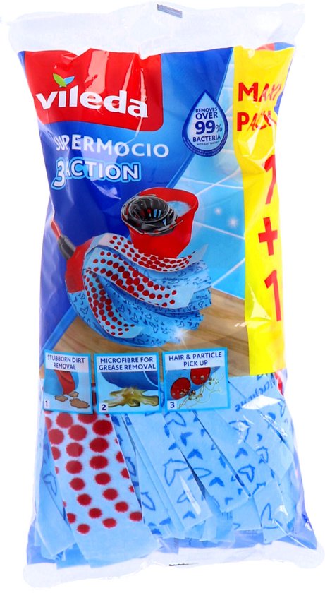Verpakking Vileda SuperMocio 3Action navullingen, 2 stuks. Blauw met rode stippen.