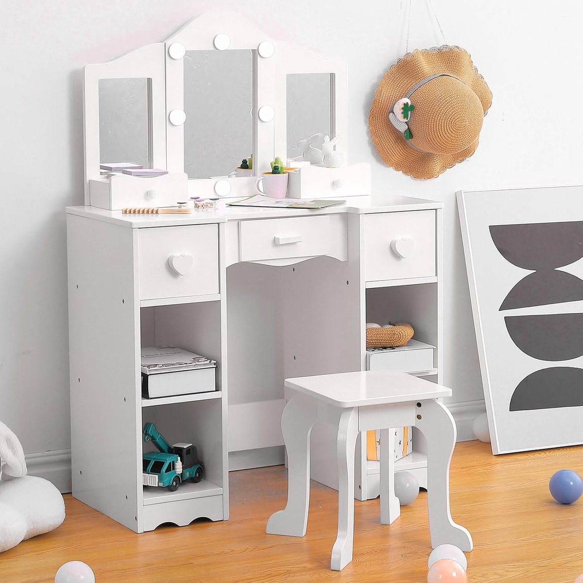 Kinder Kaptafel met Drievoudige Spiegel & Licht - Houten Prinsessen Kaptafel met Krukje, Lade & Opbergvakken, 2‑in‑1 Speel‑ en Schrijftafel voor Meisjes - wit