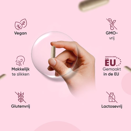 Hand die een capsule vasthoudt, omringd door iconen: vegan, makkelijk te slikken, glutenvrij, GMO-vrij en lactosevrij.