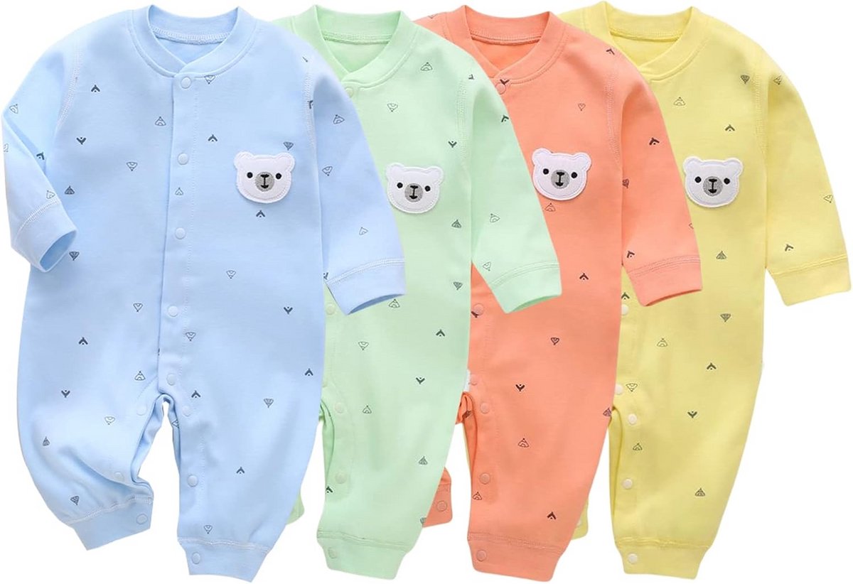 4-Pack Unisex Baby Rompers Katoen Lange Mouw Slaappakjes met Drukknopen