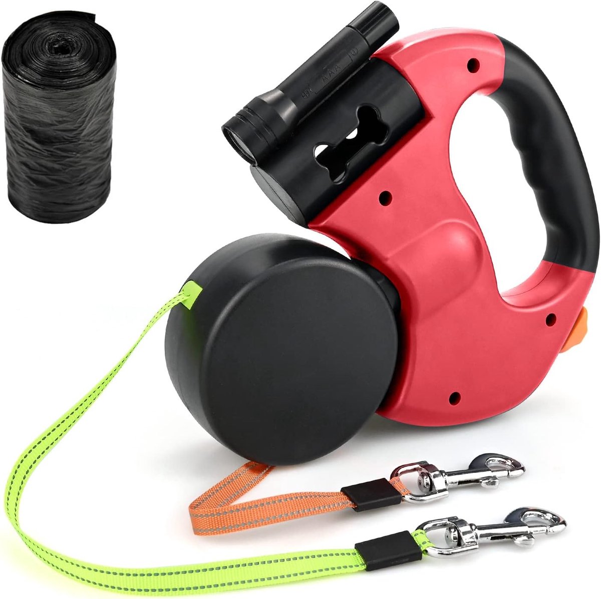 Sander Shop Dubbel intrekbare hondenriem, versterkt uitschuifbaar met antislip handvat hondenriem met LED-licht en vuilnisbak voor wandelen 2 honden, 360° wirwar vrije sterke nylon band, rem, pauzeslot, 3m, Rood
