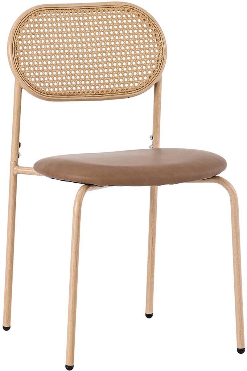 Merax Eetkamerstoelen Set van 6 – Rotan/Rattan Rugleuning – Bruin – PU Kunstleer Zitting – Metalen Poten – Keukenstoelen & Horecastoelen