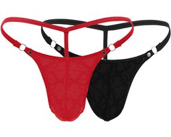 Sleek Heren String met Kant en Elastische Tailleband - Zwart en Rood