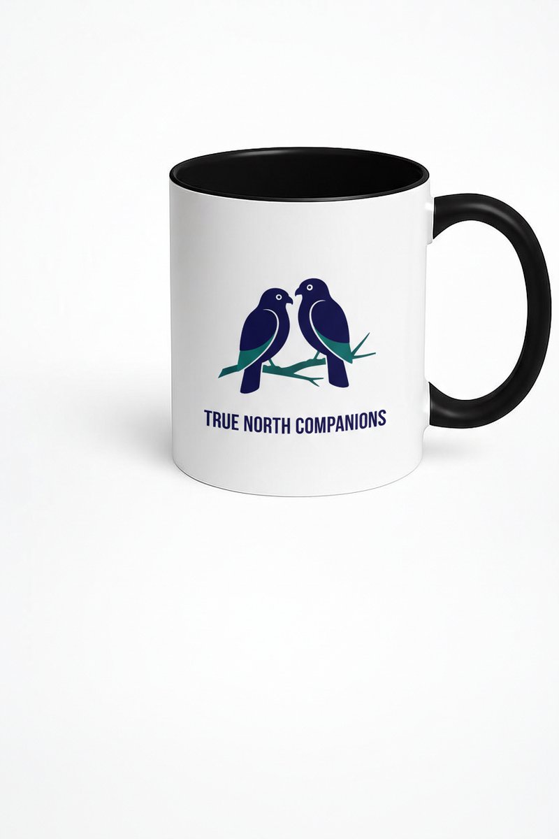 True North Companions Mok | Uniek Vogels Design | Witte Keramische Koffiemok met Zwart Handvat en Rand | 330ml