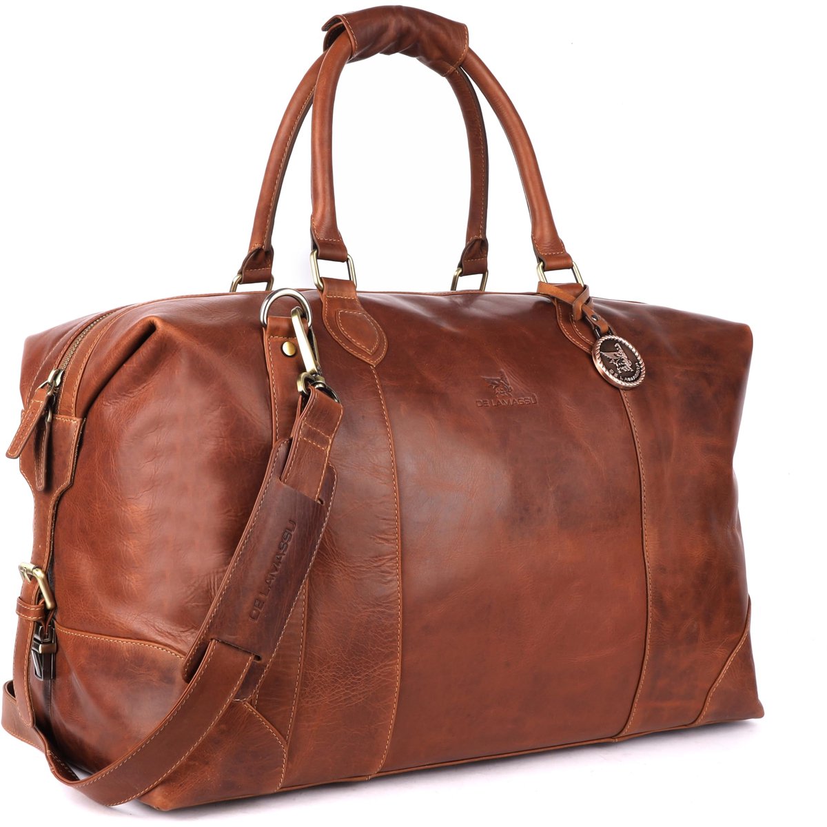 DE LAMASSU® (Rafael) reistas van echt leer – unisex weekender 50 × 35 × 28 cm – verstelbare schouderriem, uitbreidbaar met zijdelingse gespen, beschermvoetjes, cadeauverpakking