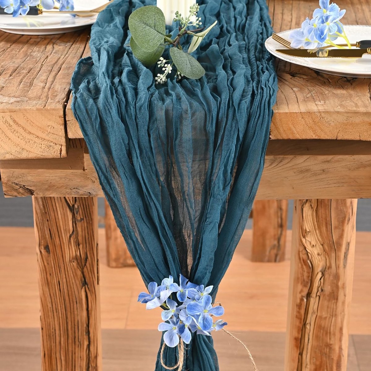 3 Meter Gaas Tafelloper Groenblauw Boho Stijl Rustiek Voor Feestdecoratie