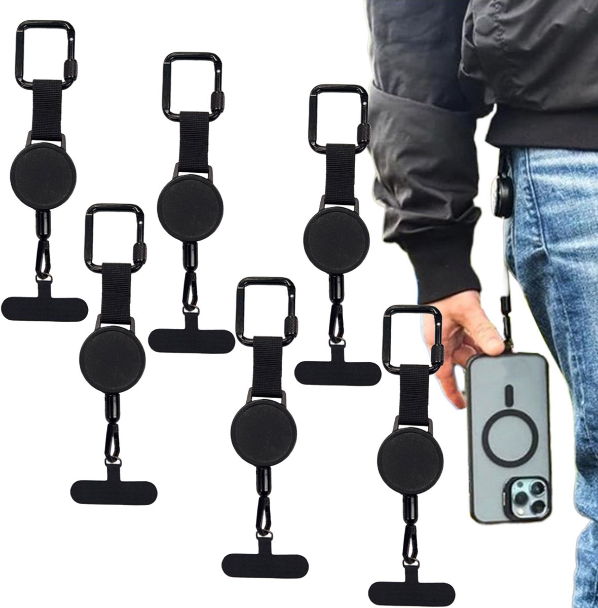 6 stuk intrekbaar antidiefstal telefoonkoord voor buiten - Duurzame, intrekbare antidiefstal telefoonhouder, lichtgewicht koordhouder met veilige clip, draagbaar bevestigingssysteem voor reizen, wandelen en klimmen