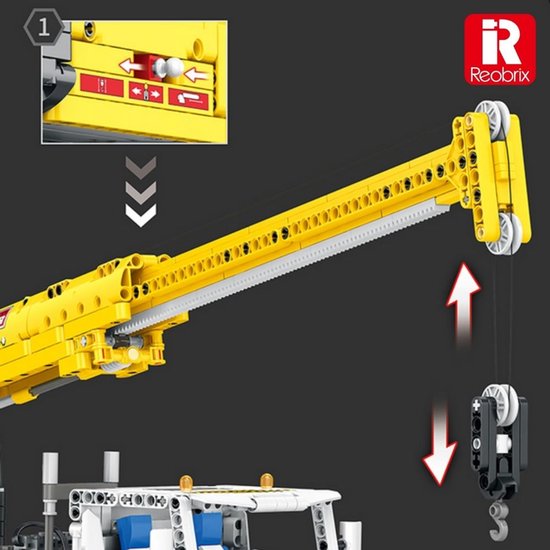 Gedetailleerde close-up van een gele kraanarm met mechanische onderdelen, met pijlen die de bewegingsrichtingen aangeven.