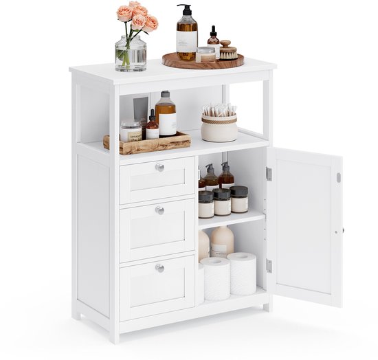 Witte badkamerkast met open bovenrek, 3 lades en deur met verstelbare legplank. Gevuld met badkamerproducten en decoraties.
