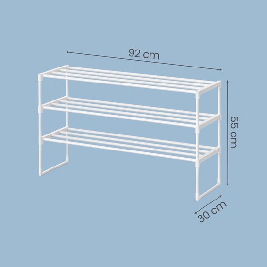 Wit schoenenrek met drie lagen, met afmetingen van 92 x 55 x 30 cm.