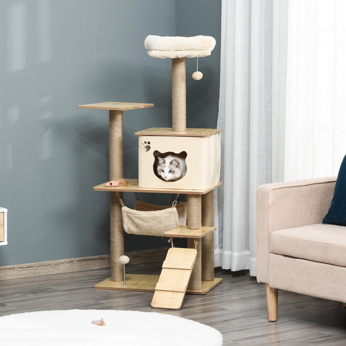 Wishdor - Kattenkrabpaal - Met Hangmat, Huis En Ladder - Voor Spelen En Rusten - Spaanplaat, Jute En Pluche - Geel - 60 X 40 X 130 Cm