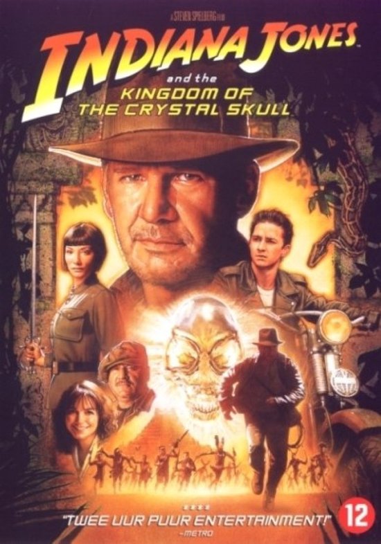 DVD-hoes voor Indiana Jones en het Koninkrijk van de Kristallen Schedel met de hoofdpersonen, motor en een alien schedel.