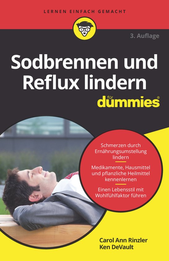 Boek "Sodbrennen und Reflux lindern für Dummies", 3e editie. Man ligt ontspannen op een bankje.