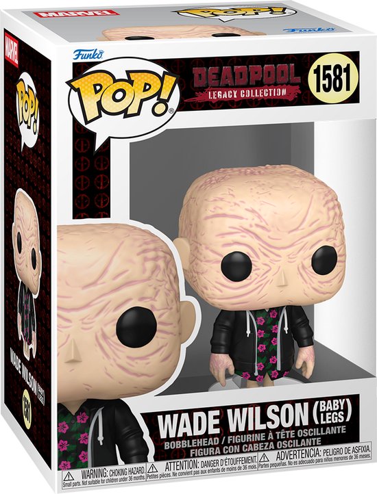 Doos van Funko Pop! figuur 1581 Wade Wilson (Baby Legs), met een venster dat de figuur toont.