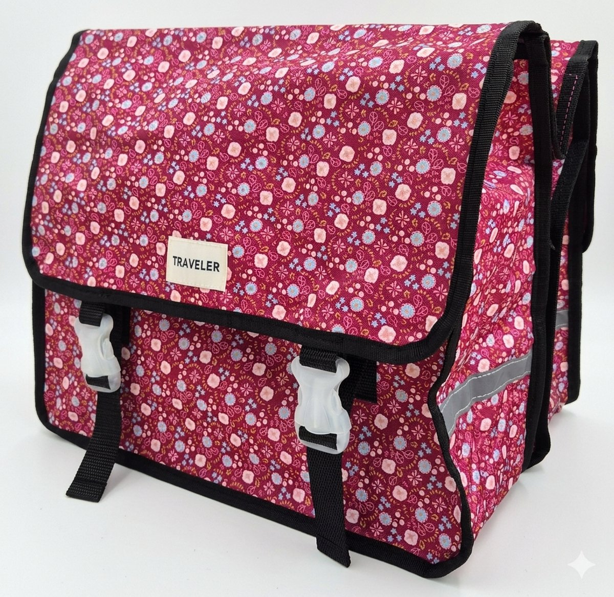 Traveler Dubbele paarse fietstas bloemen roze blauw wit