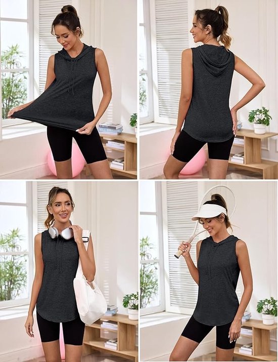 Vrouwen in donkergrijs mouwloos hoodie-shirt, met en zonder accessoires, voor sport en vrije tijd.
